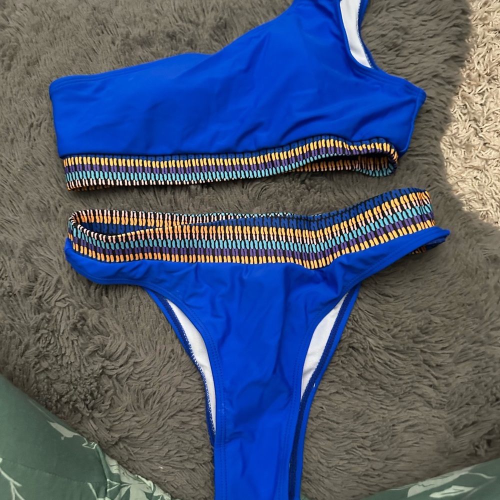 Blue One-Shoulder Bikini with Multicolor Trim